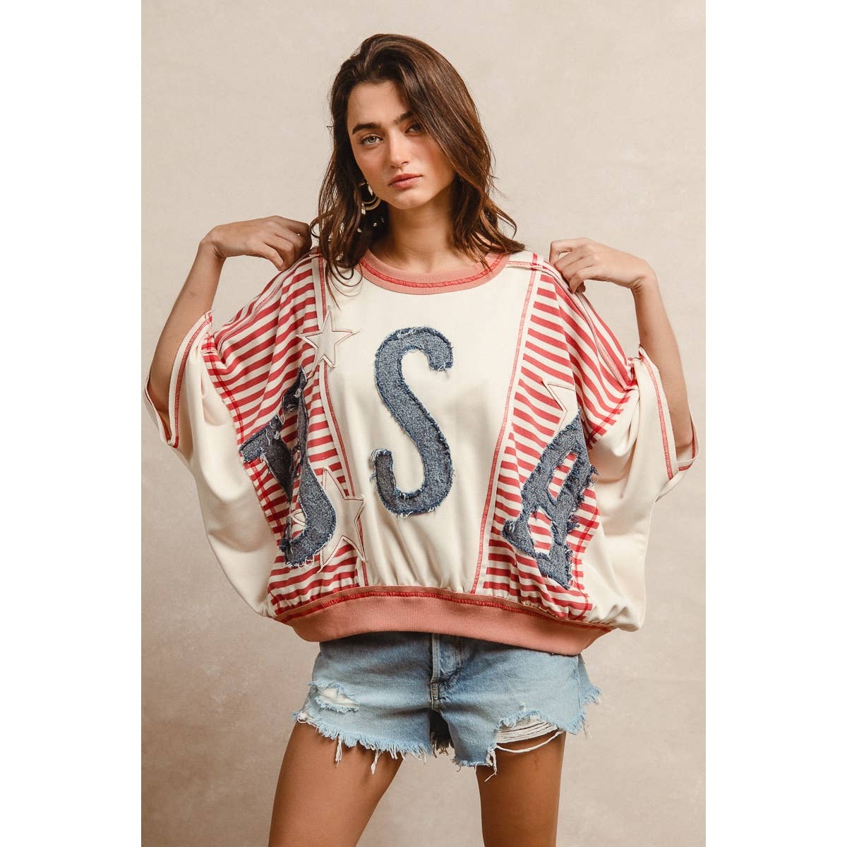 WASHED DENIM USA PATCHWORK STRIPES MIX TOP