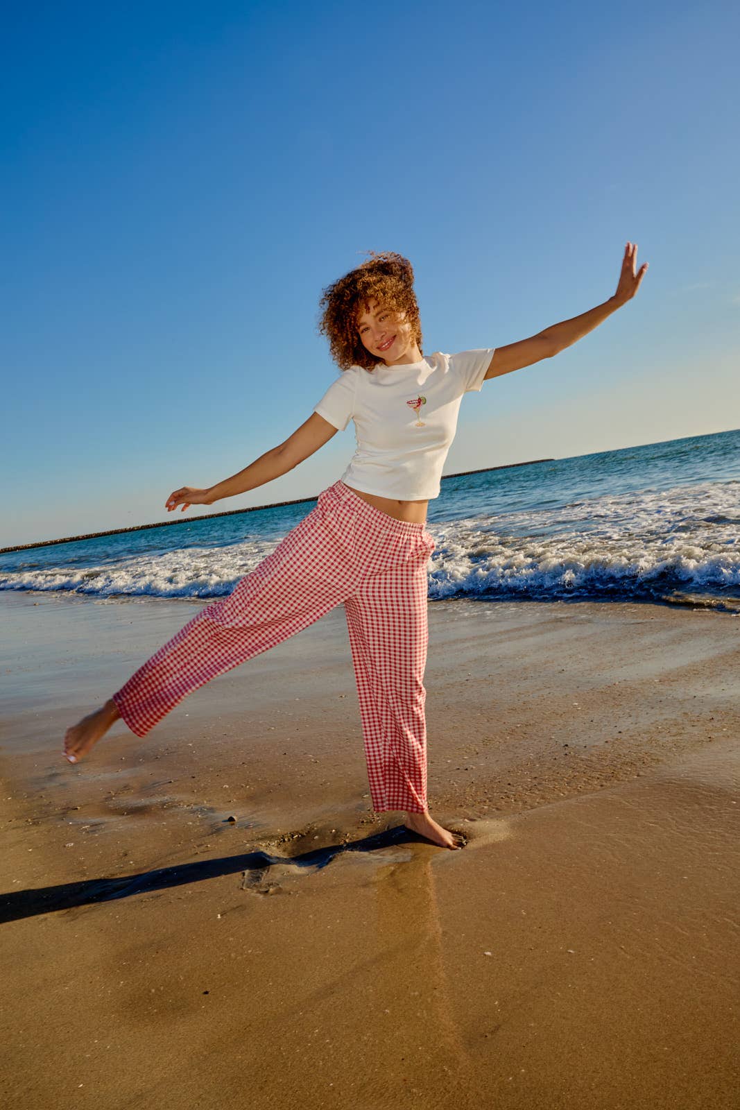 ELASTIC WAIST BAND GINGHAM PRINTED BARREL FIT TWILL PANTS