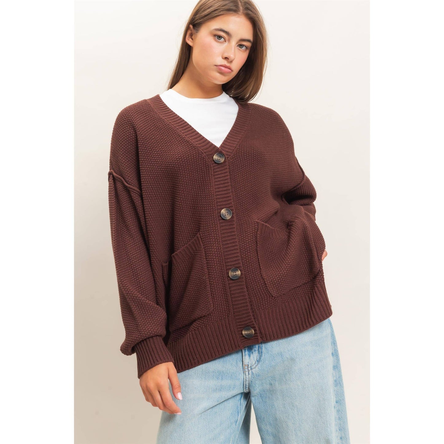 Textured Oversized Knit Buttoned Cardigan