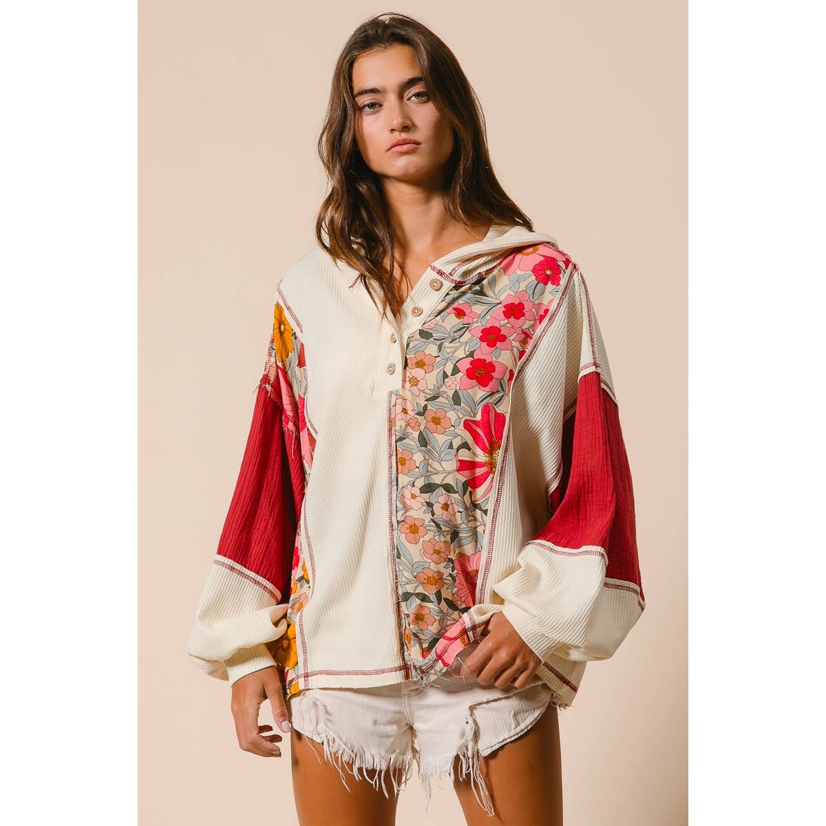 KNIT AND PRINT MIXED HOODIE TOP