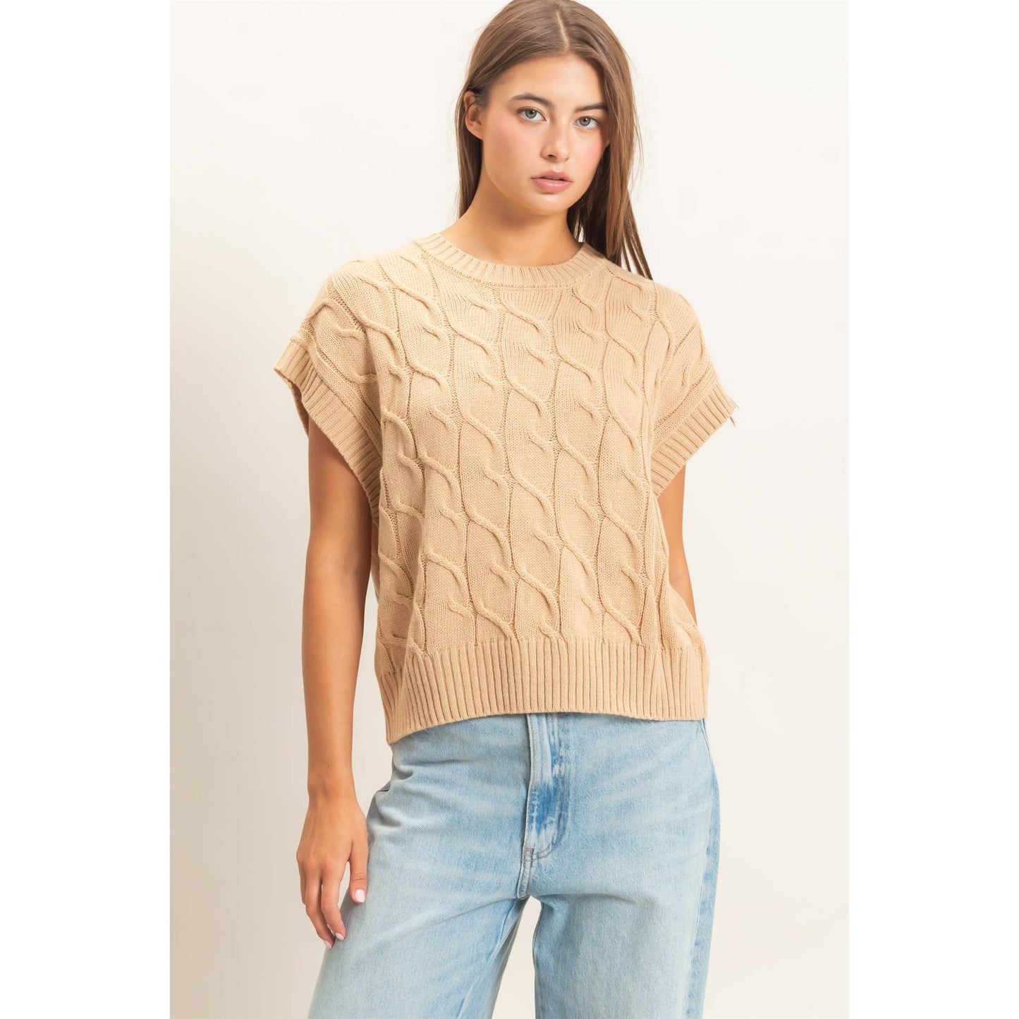 Cable Knit Cap Sleeve Sweater