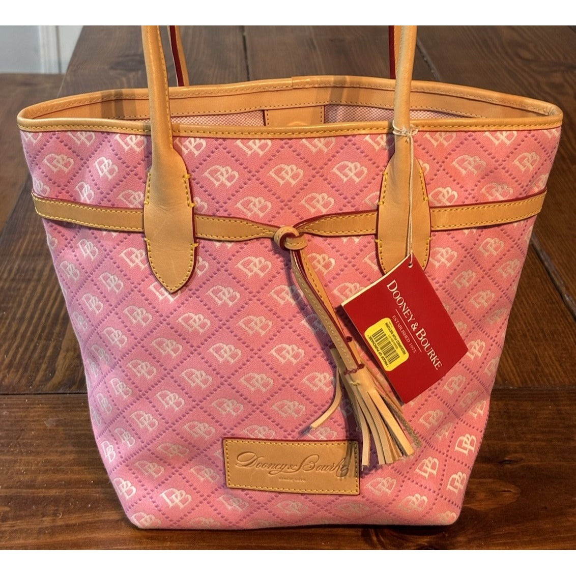 Dooney & Bourke Pink Canvas Leather Trim Double Handle Tassel Tote Bag NWT