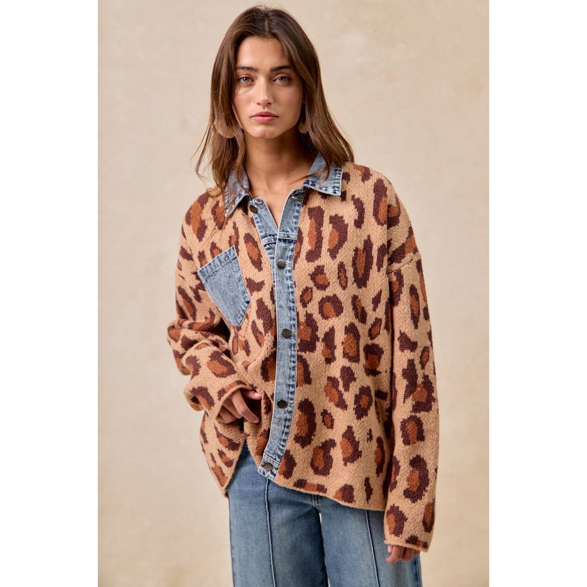WASHED DENIM MIX AND MATCH LEOPARD SWEATER TOP