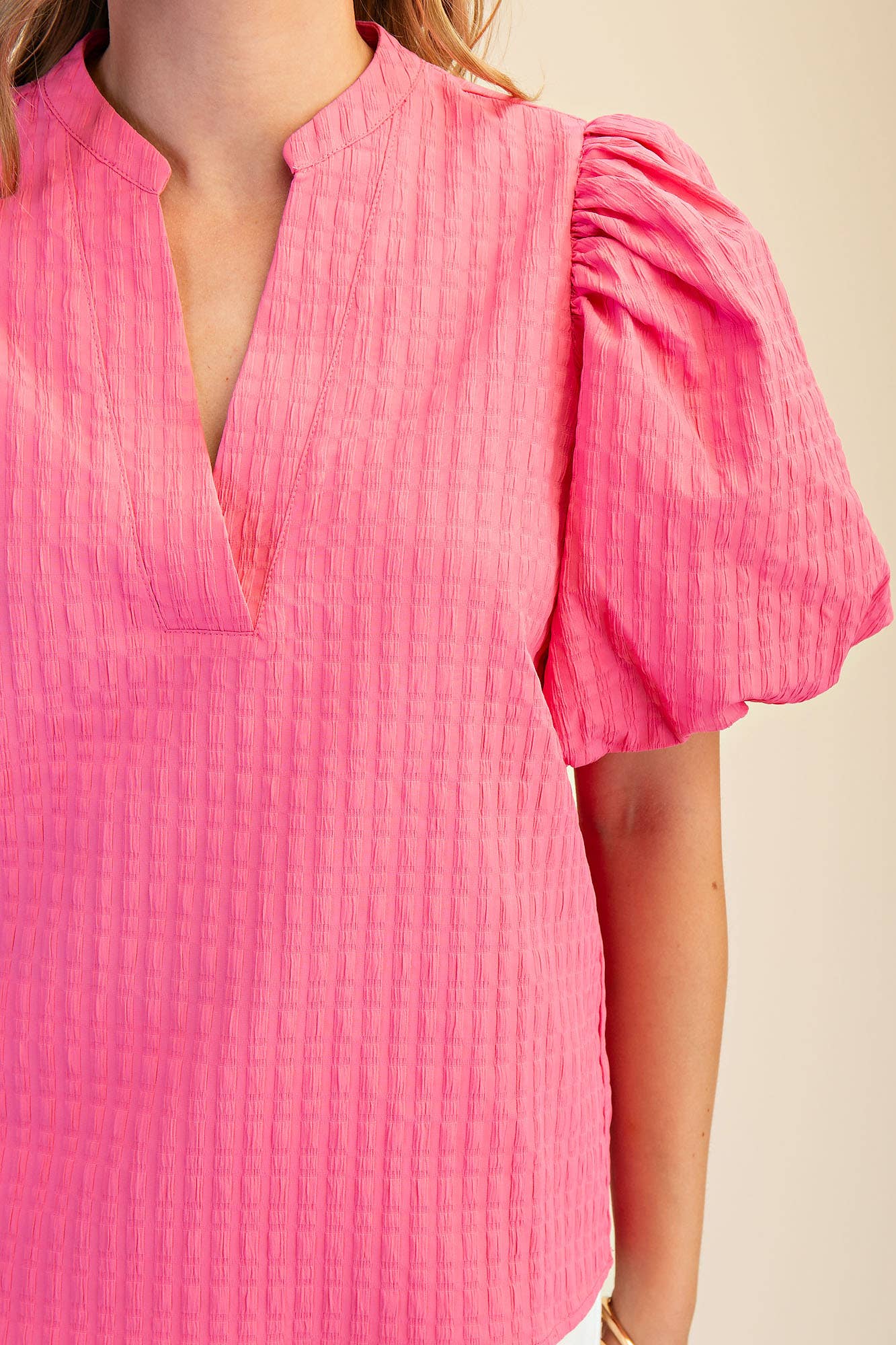 Glam V-Neck Puff-Sleeve Textured Top