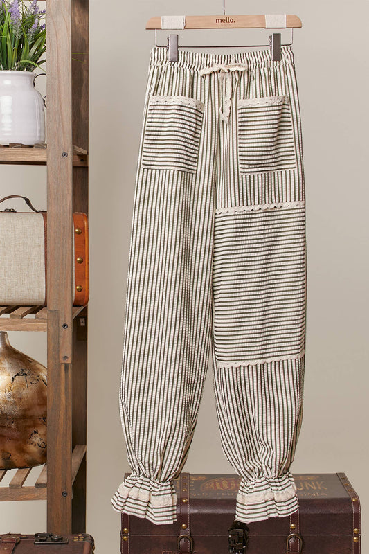 Lace Accents Stripped  Jogger Pants
