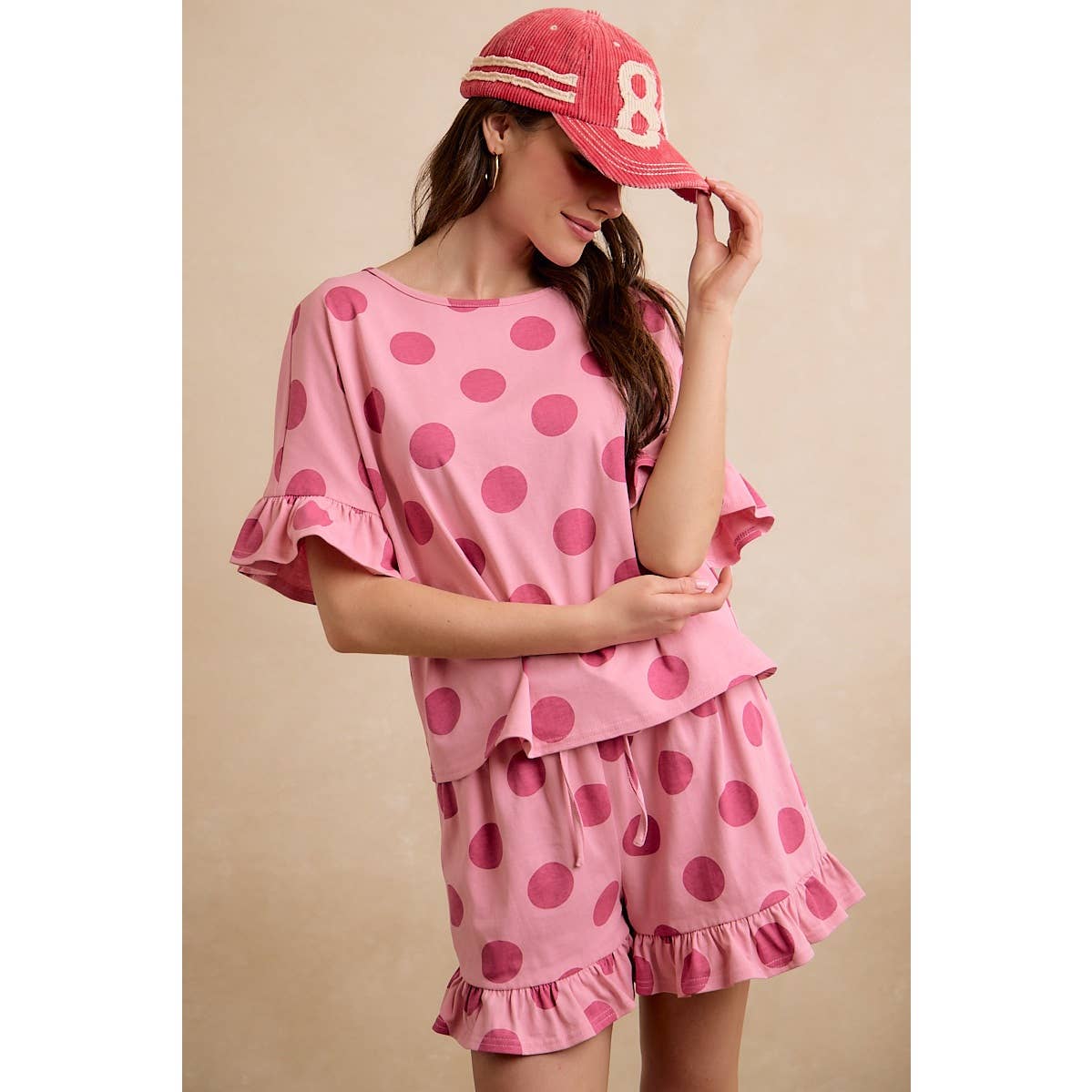 BiBi POLKA DOTS PRINTED RUFFLED DETAIL TOP AND SHORTS SET