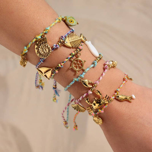 18K STAINLESS STEEL CORDED CHARM BRACELET