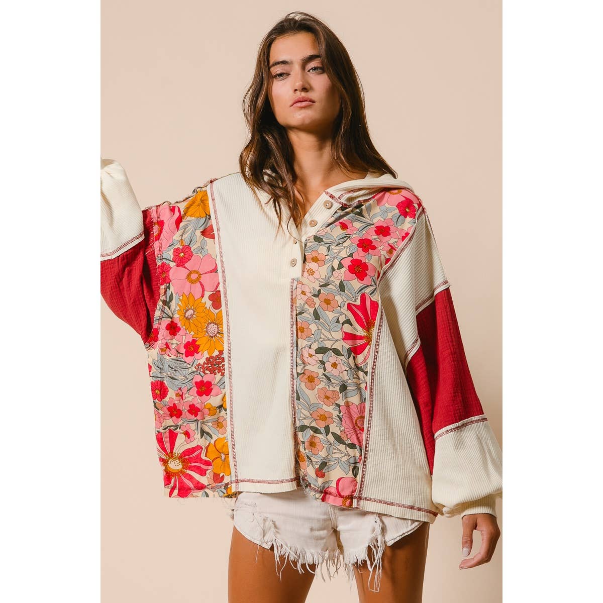 KNIT AND PRINT MIXED HOODIE TOP