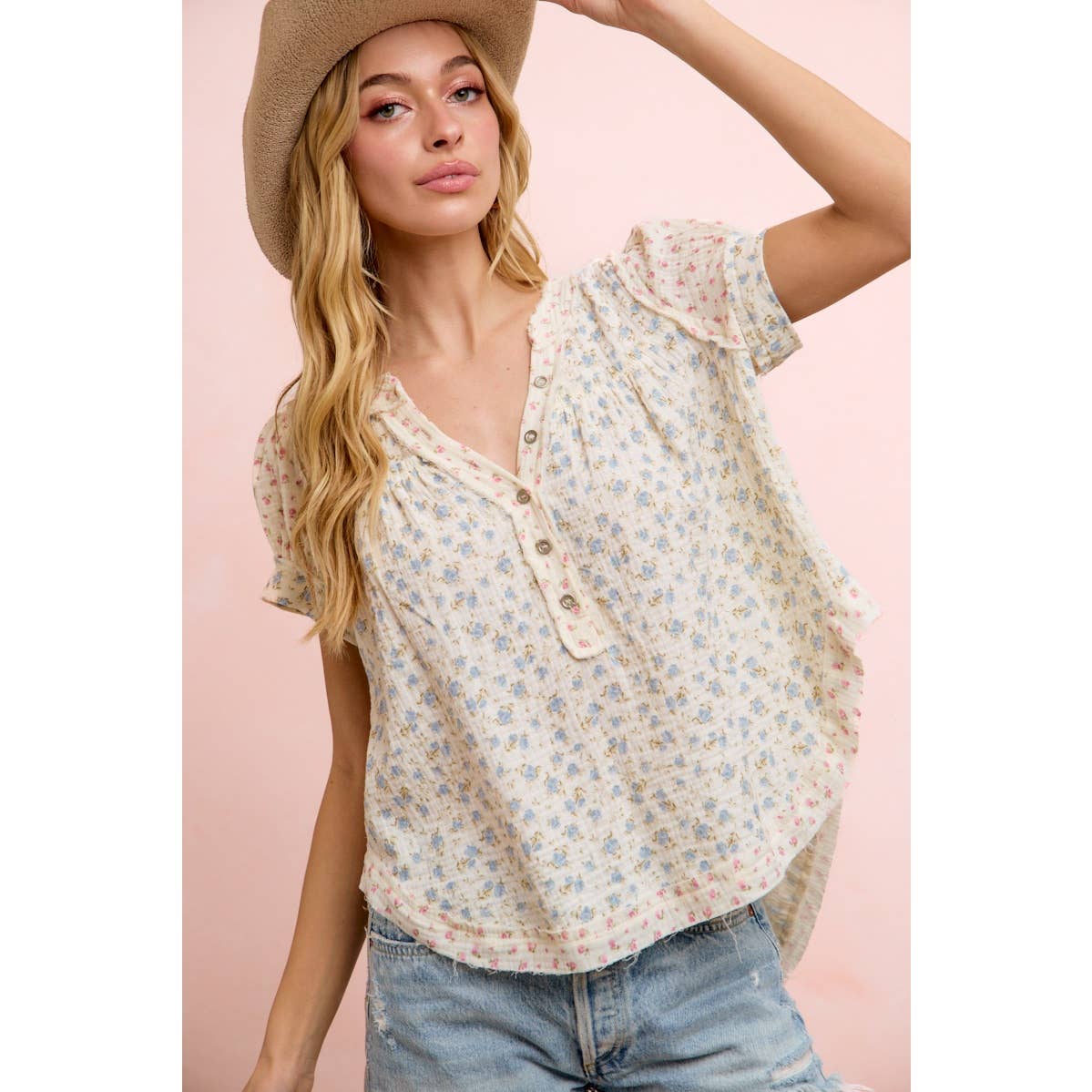 BiBI FLORAL CRINKLE NECKDROP SHORT SLEEVE BLOUSE TOP