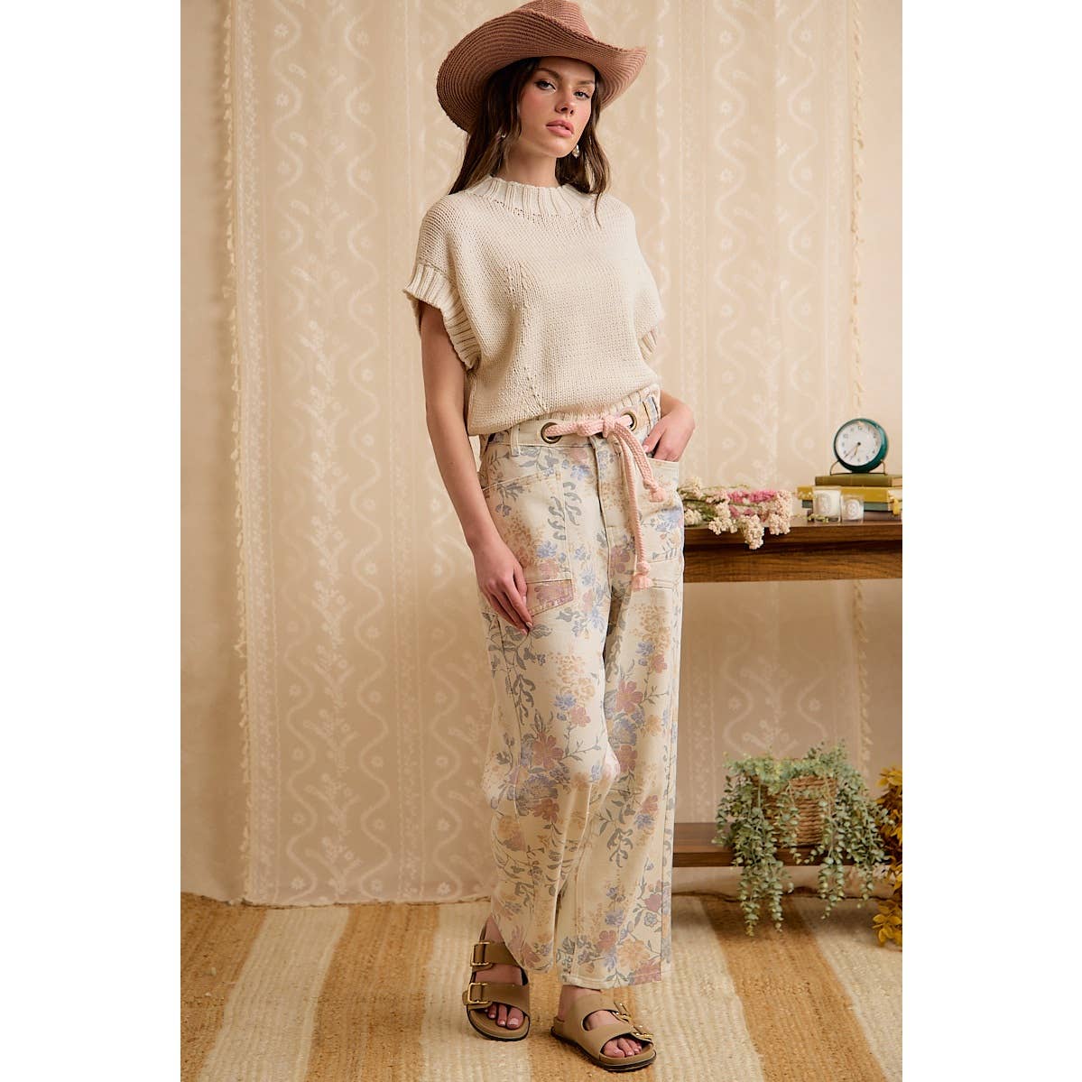 WOMEN VINTAGE WASHED FLORAL COTTON DRAWSTRING PANTS