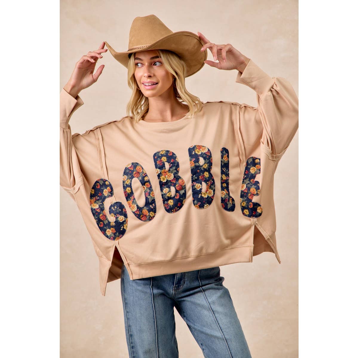 THANKSGIVING GOBBLE LETTER PATCHES SWEATSHIRT
