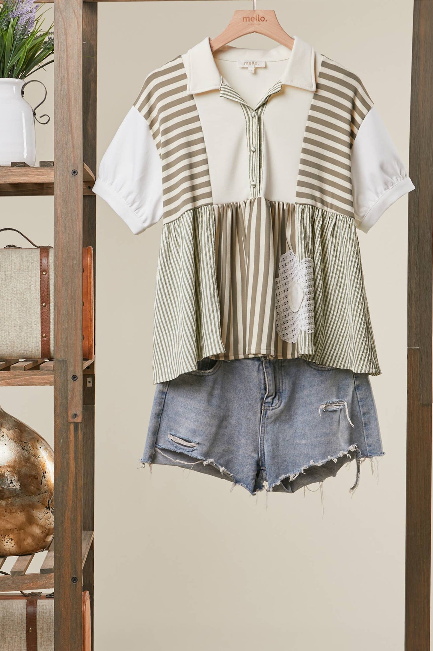 STRIPED SHIRT WITH LACE FLOWER DETAIL