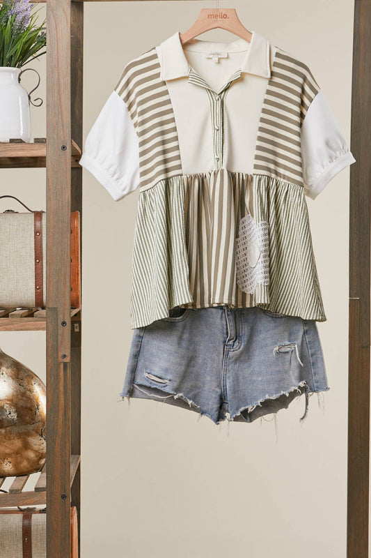 STRIPED SHIRT WITH LACE FLOWER DETAIL