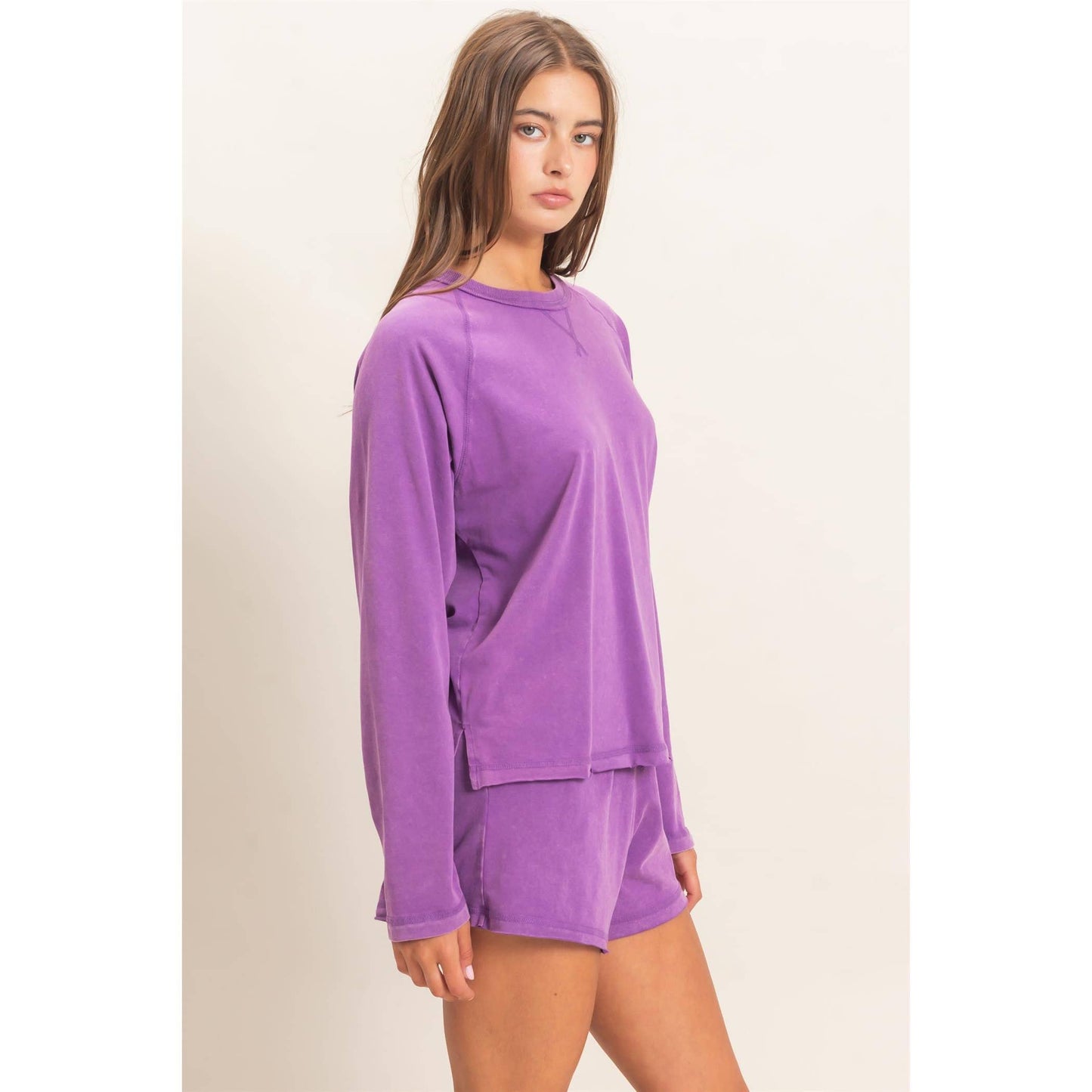 Double Zero Mineral Wash Long Sleeve Raw Edge Top & Shorts Set
