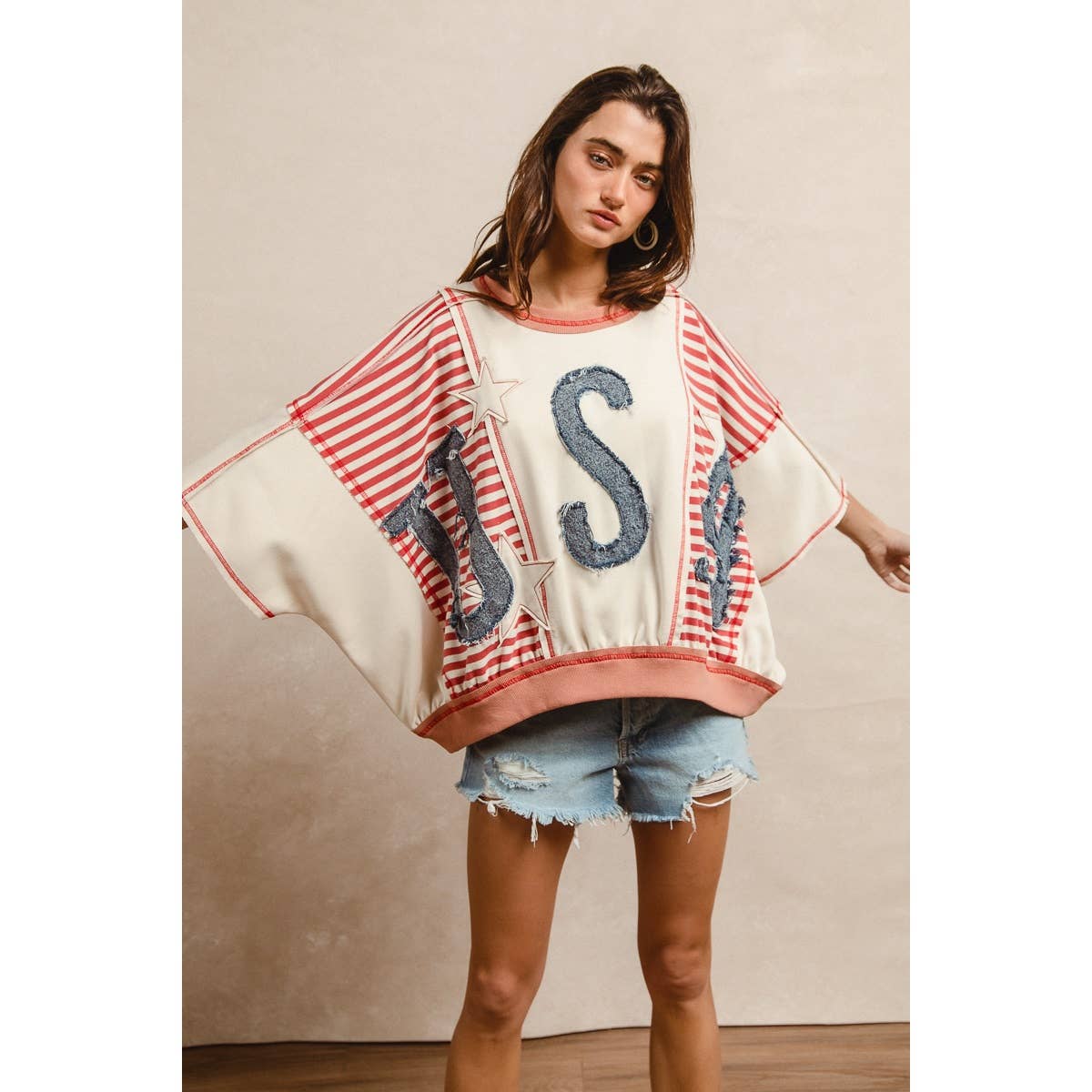 WASHED DENIM USA PATCHWORK STRIPES MIX TOP