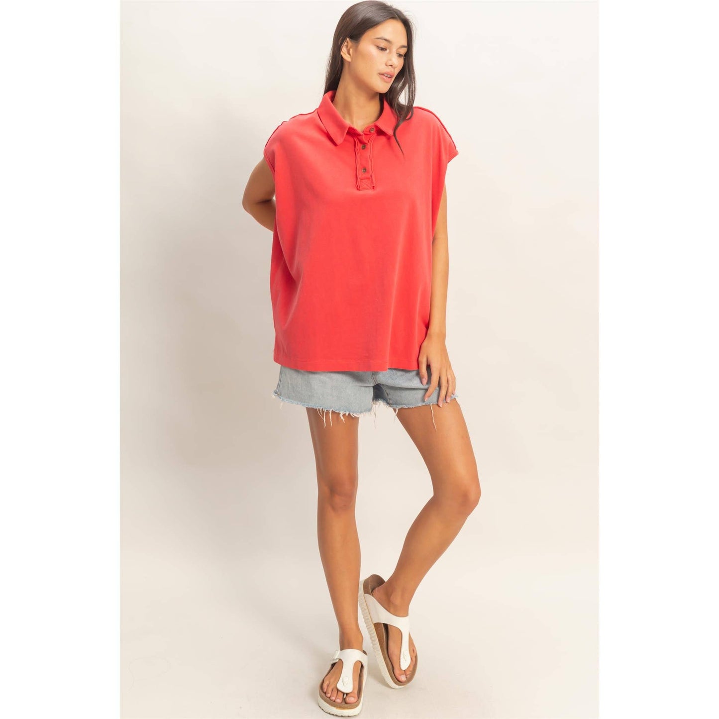 Double Zero Pigment Dye Sleeveless Polo Oversized Top