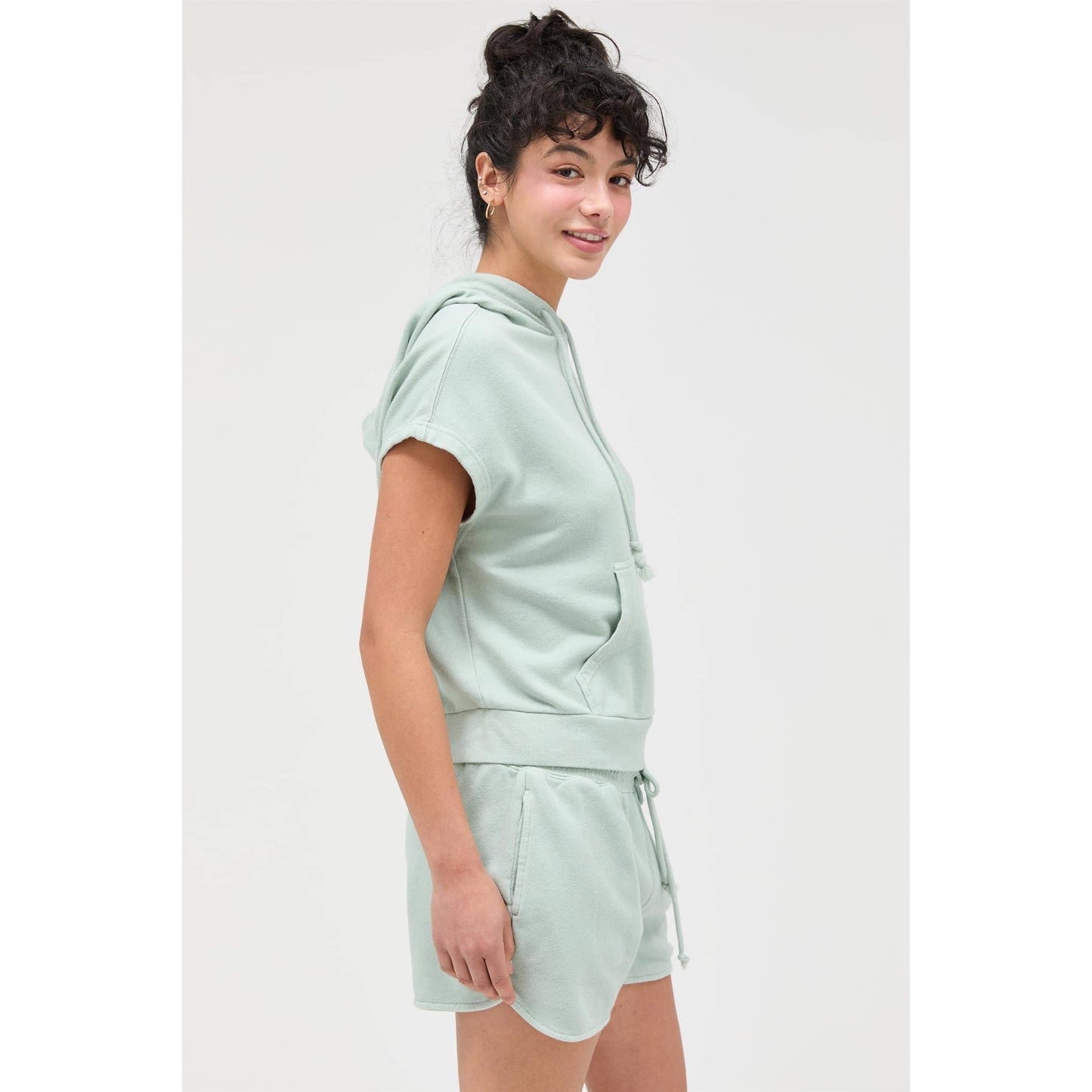 Acid Washed Sleeveless Hooded Kangaroo Pocket Top