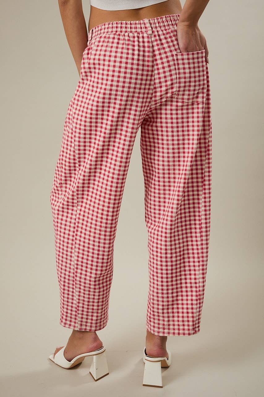 ELASTIC WAIST BAND GINGHAM PRINTED BARREL FIT TWILL PANTS