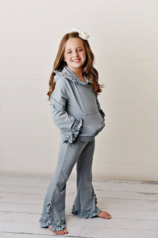 Kids Blue Gray Hooded Ruffle Pocket Fall Winter Lounge Set