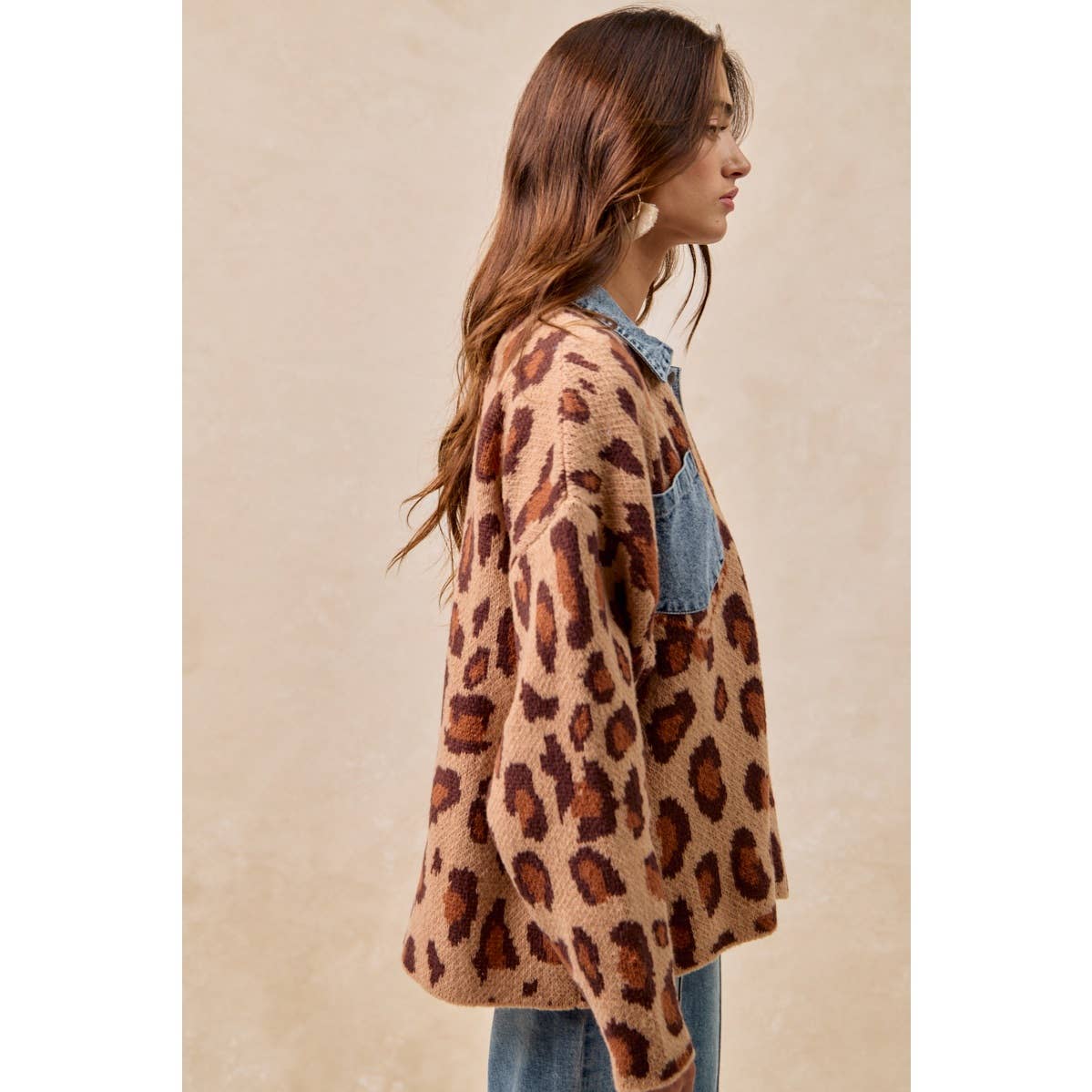 WASHED DENIM MIX AND MATCH LEOPARD SWEATER TOP