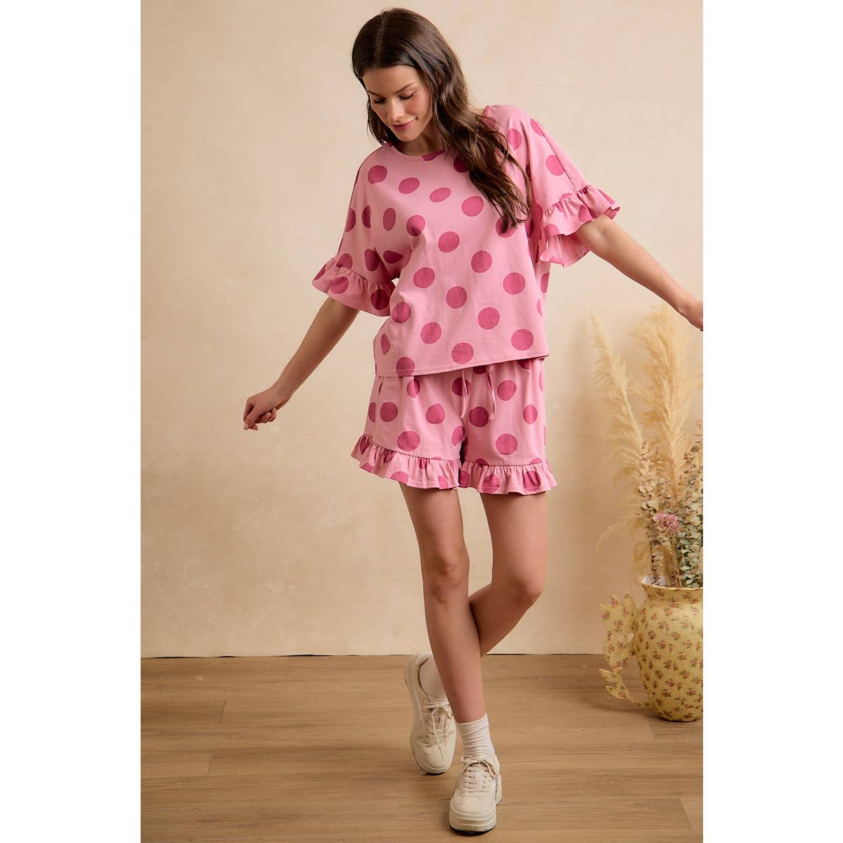 BiBi POLKA DOTS PRINTED RUFFLED DETAIL TOP AND SHORTS SET