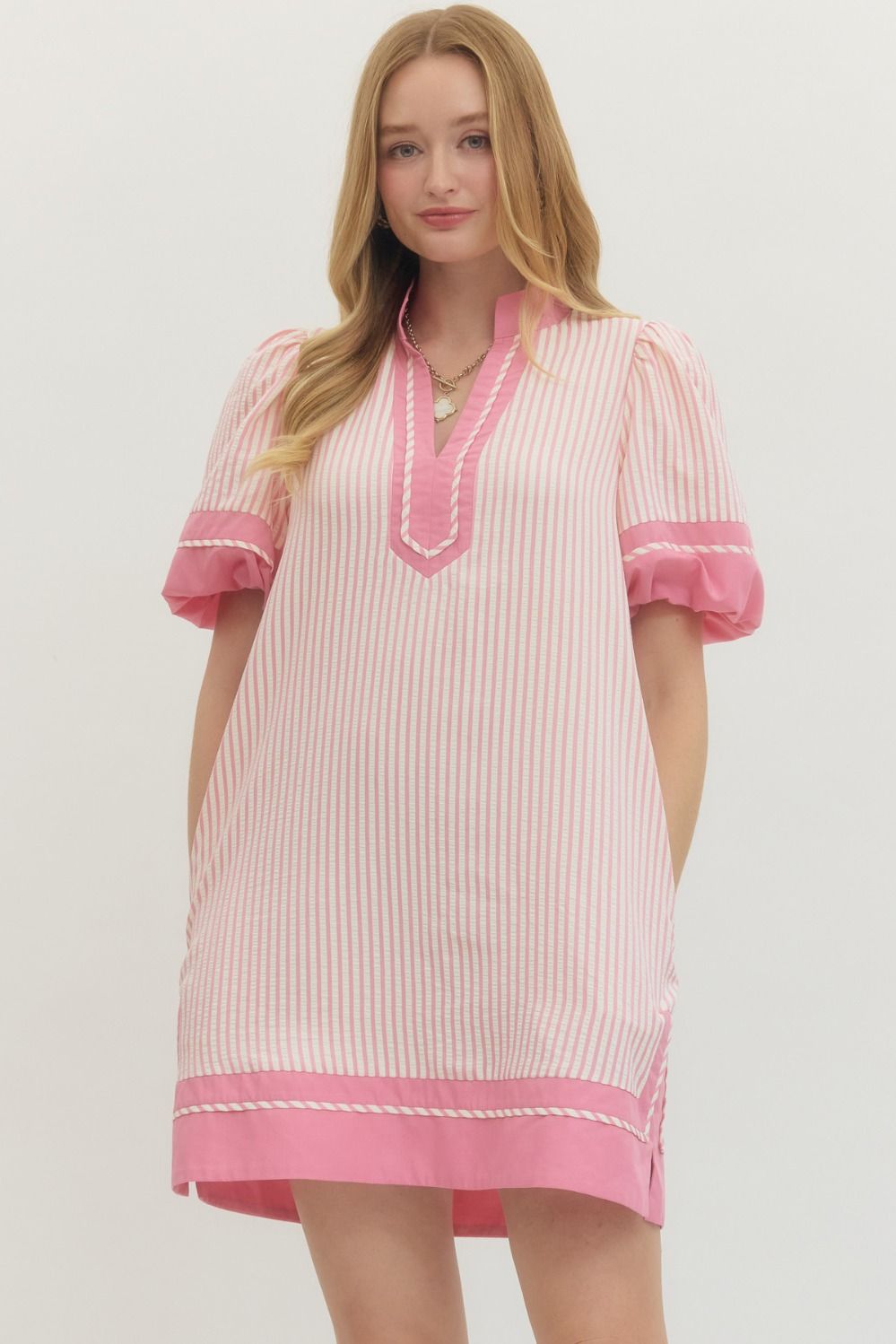 Entro Striped Short Puff Sleeve Mini Dress Pink Stripe