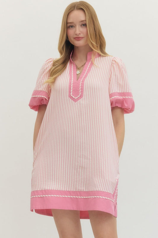Entro Striped Short Puff Sleeve Mini Dress Pink Stripe