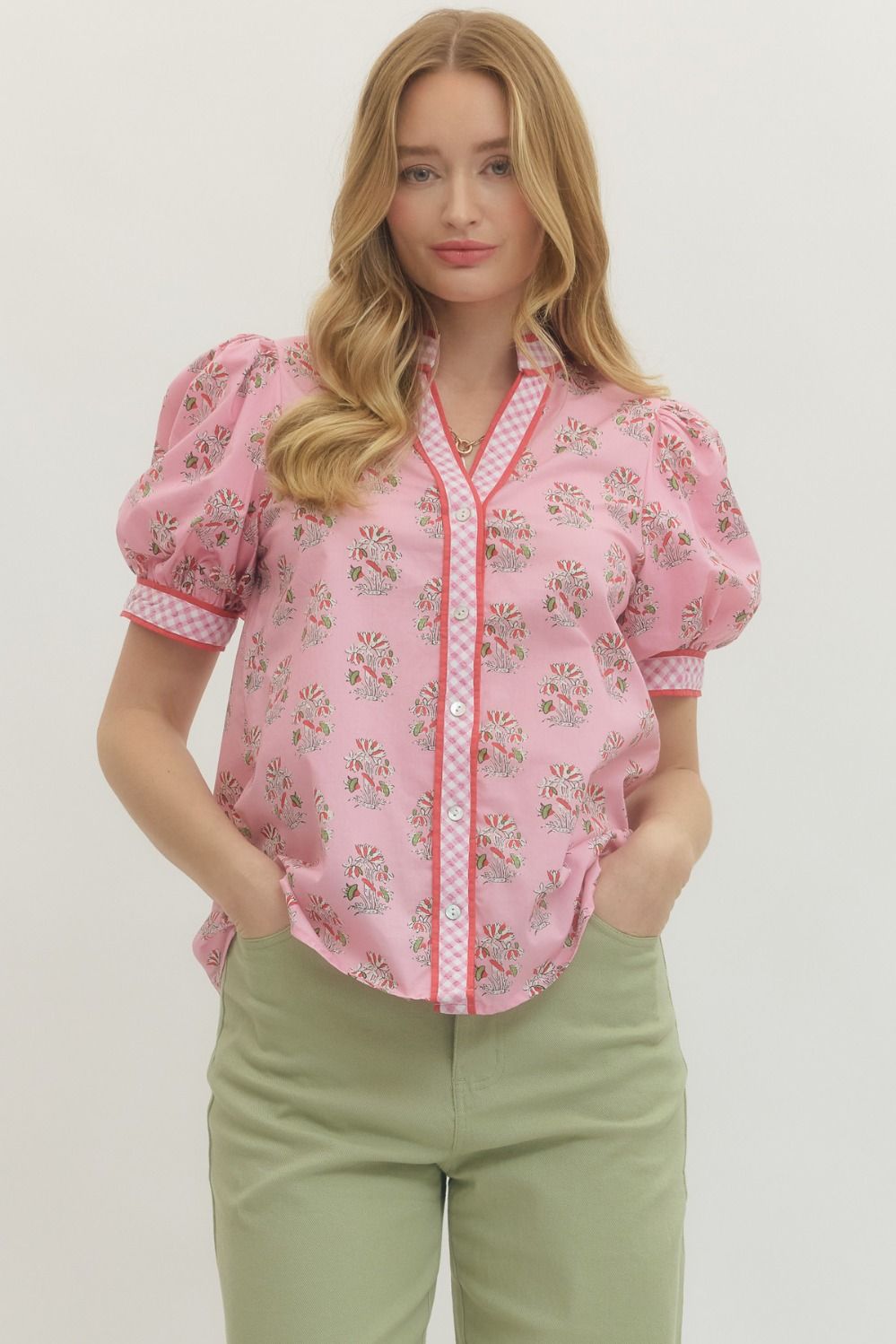Entro Floral Print Short Puff Sleeve Top Contrast Gingham