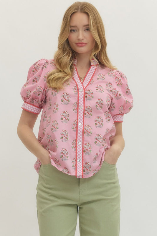 Entro Floral Print Short Puff Sleeve Top Contrast Gingham