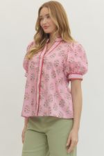 Entro Floral Print Short Puff Sleeve Top Contrast Gingham