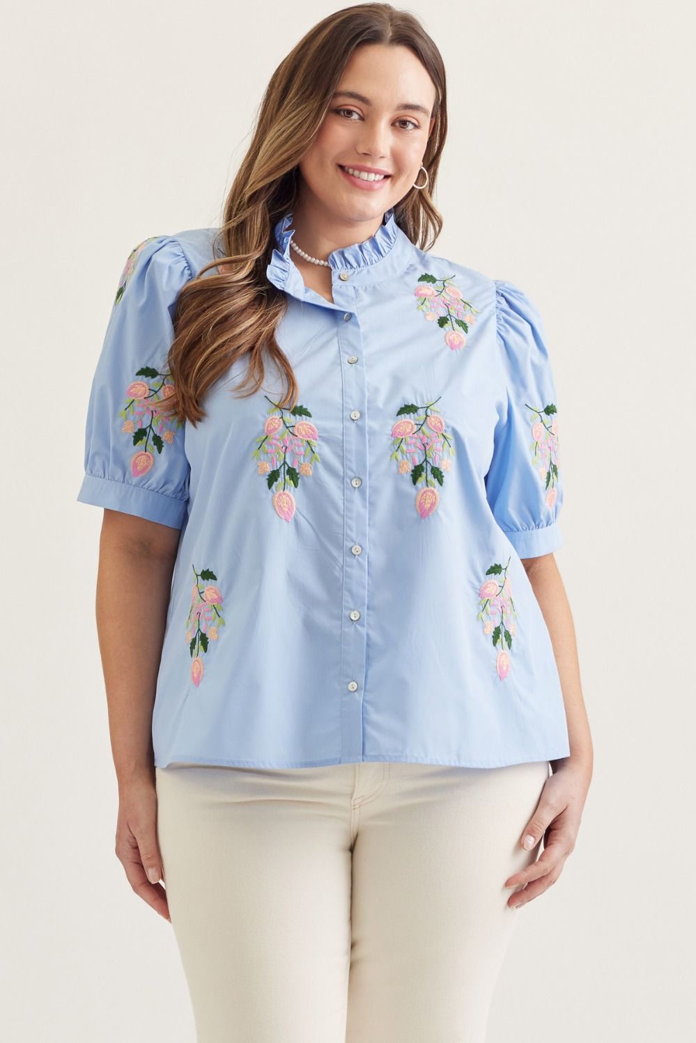 Entro Solid Short Sleeve Top Featuring Embroidered Floral Motif Plus-Size