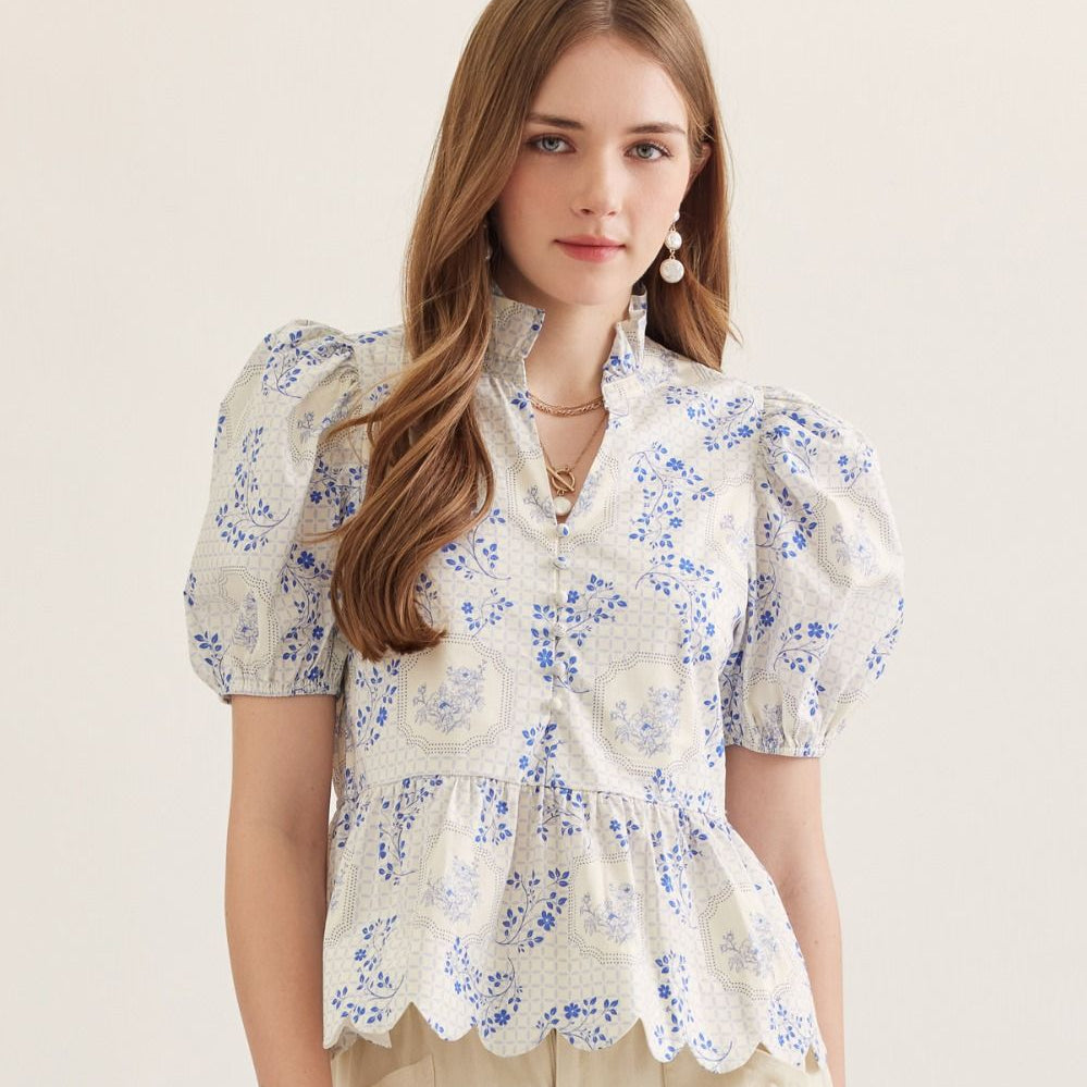 Entro Blue Floral Print Puff Sleeve Top Scallop Hem