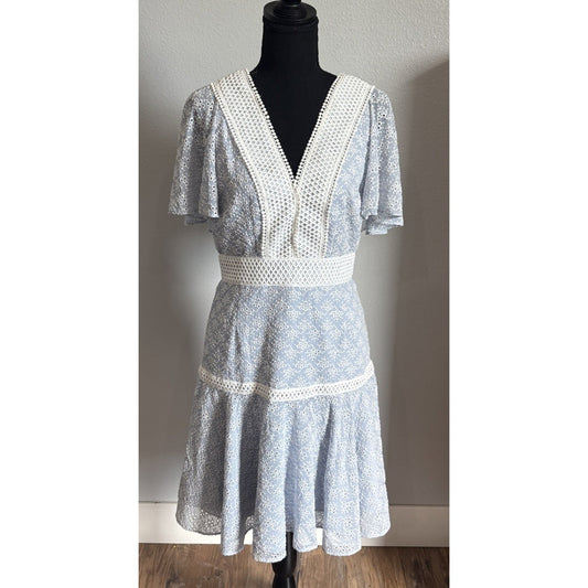 GIANNI BINI Womens Alice Lace Light Blue V Neck Eyelet Drop Waist Dress NWT Sz 4