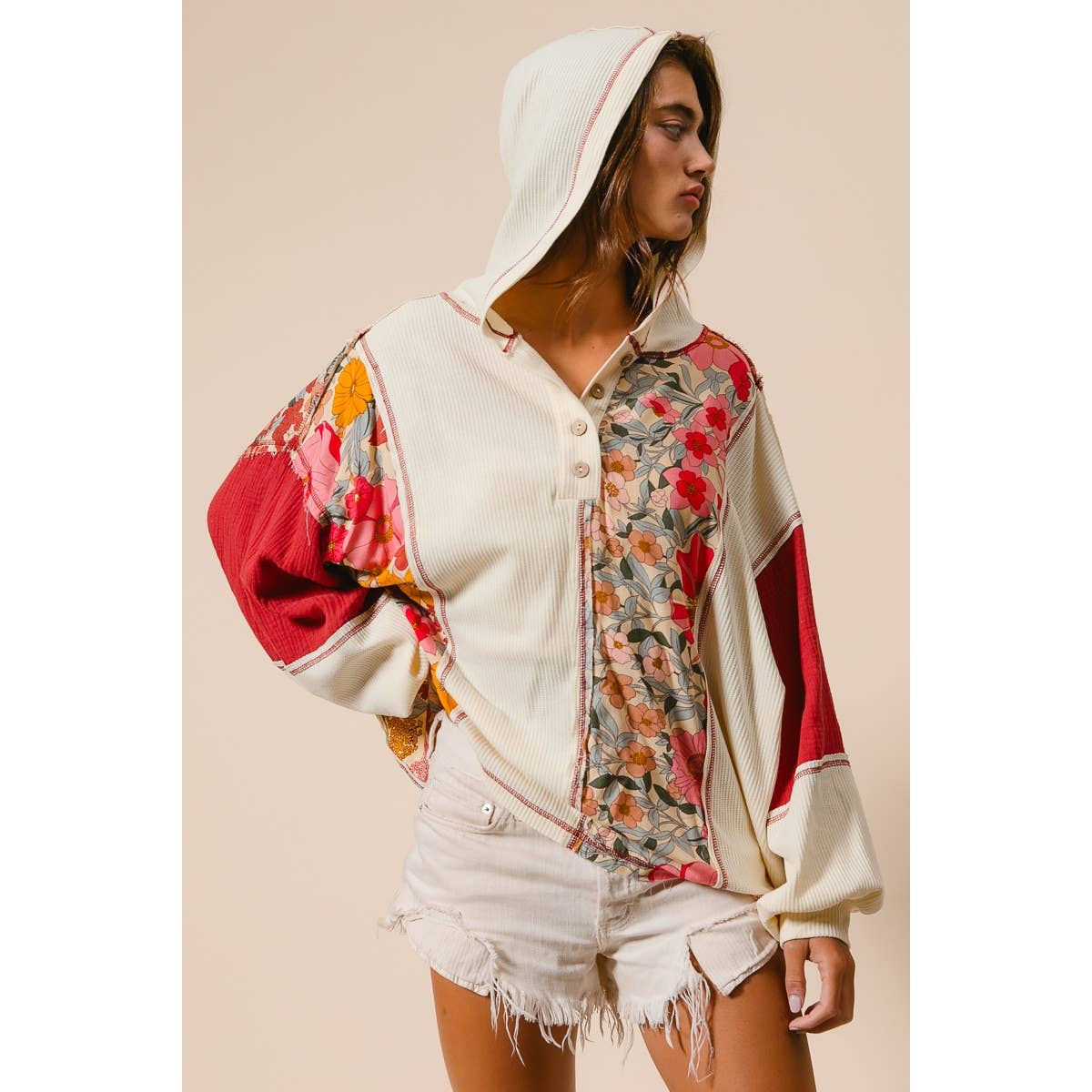 KNIT AND PRINT MIXED HOODIE TOP
