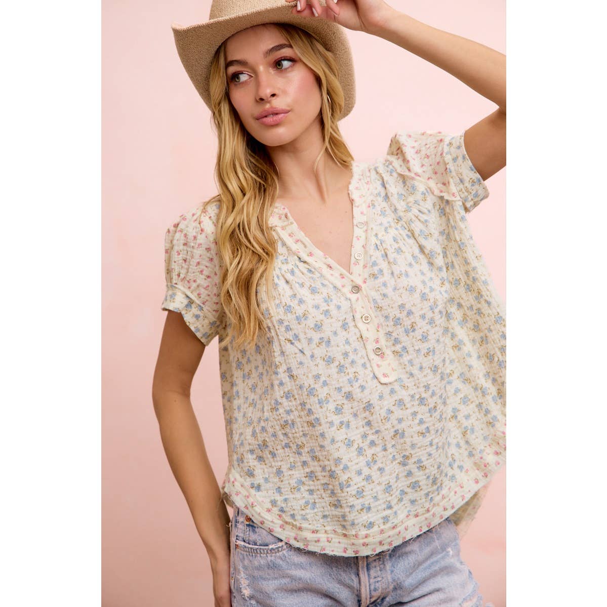 BiBI FLORAL CRINKLE NECKDROP SHORT SLEEVE BLOUSE TOP