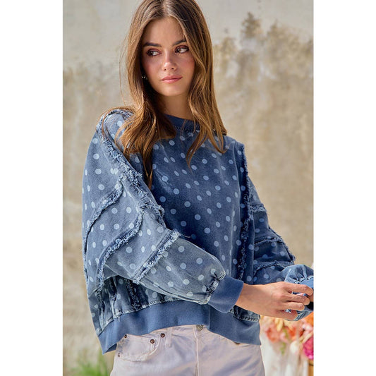 BiBi POLKA DOT PRINTED WASHED DENIM FRAYED EDGE DETAIL TOP
