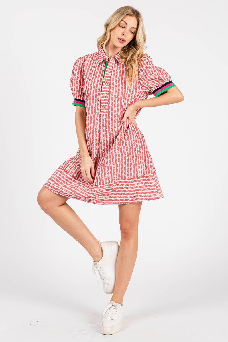 STRIPED FLORAL COLLARED PUFF SLEEVE DRESS