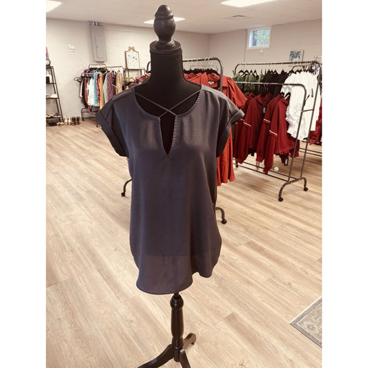 Express Top Womens Size M Gray Short Cuffed Sleeves Criss Cross V-Neck Blouse