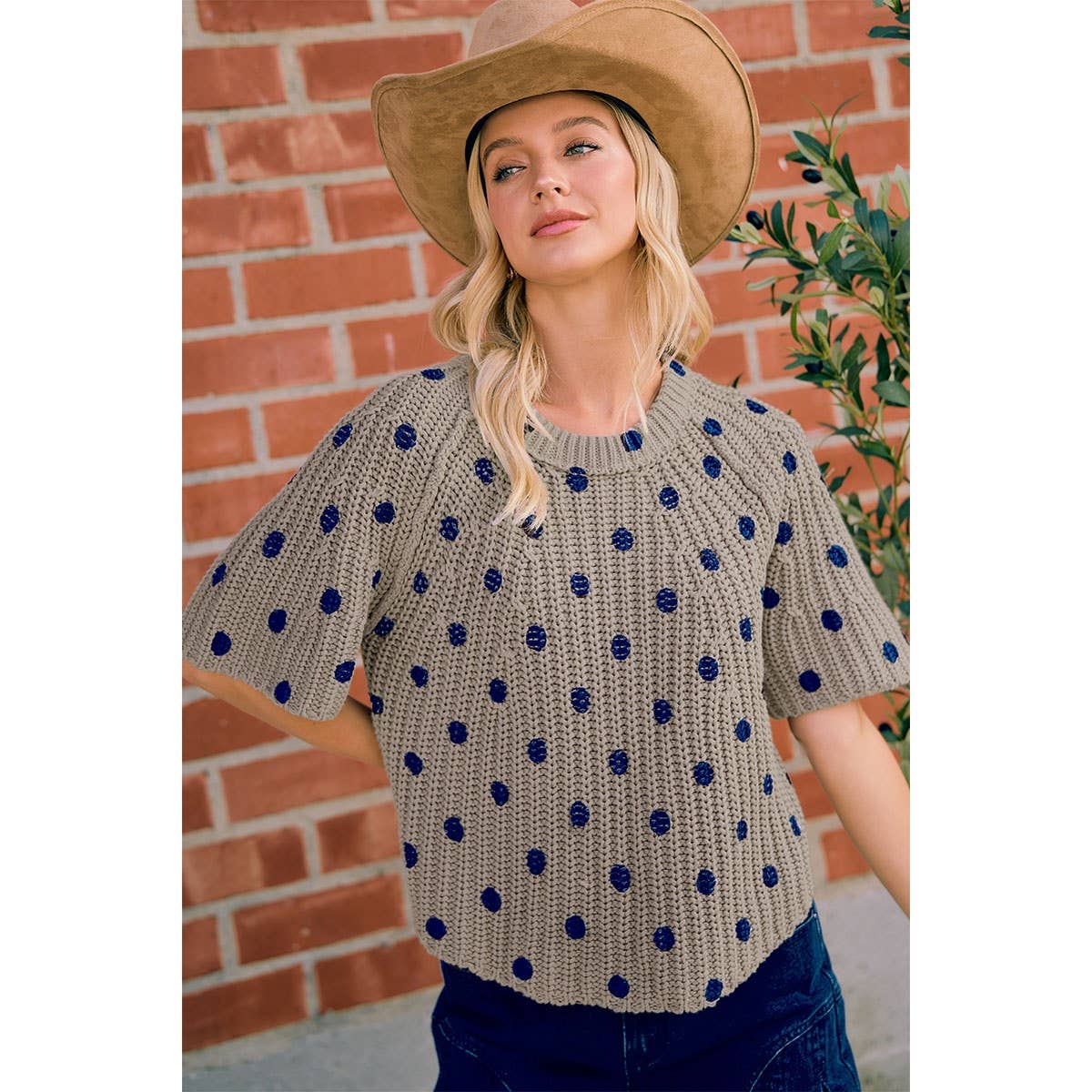 FLARED SLEEVES POLKA DOTS PRINTED CHUNKY SWEATER TOP