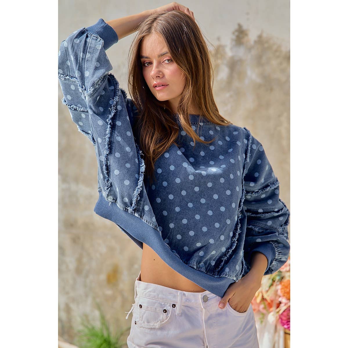 POLKA DOT PRINTED WASHED DENIM FRAYED EDGE DETAIL TOP