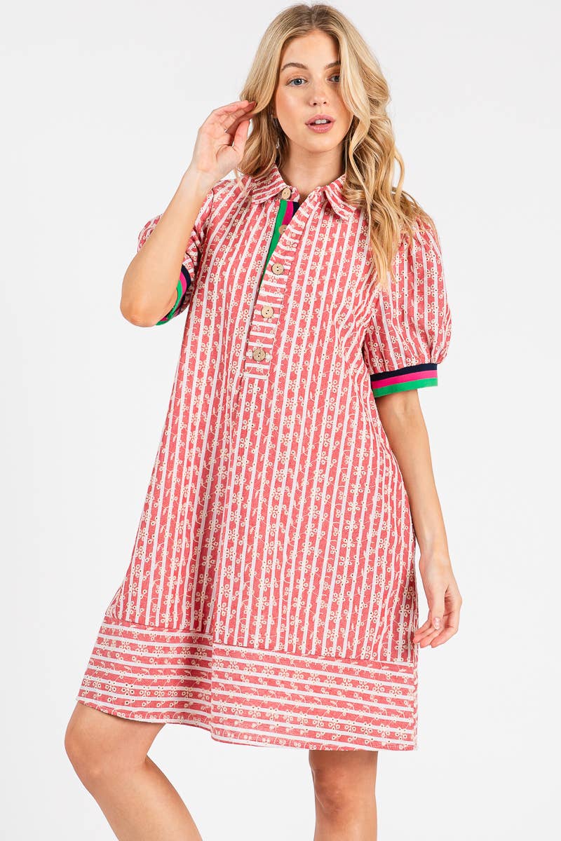 STRIPED FLORAL COLLARED PUFF SLEEVE DRESS