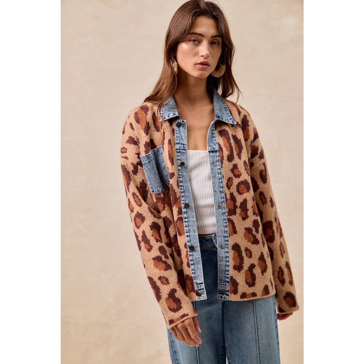 WASHED DENIM MIX AND MATCH LEOPARD SWEATER TOP