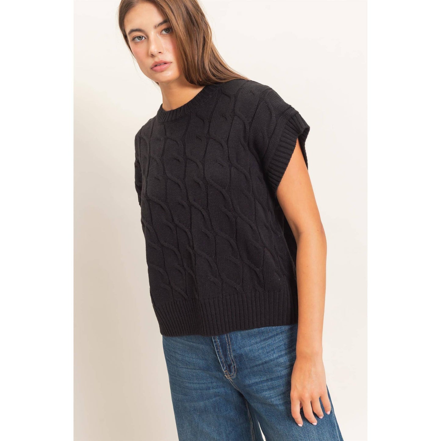 Cable Knit Cap Sleeve Sweater