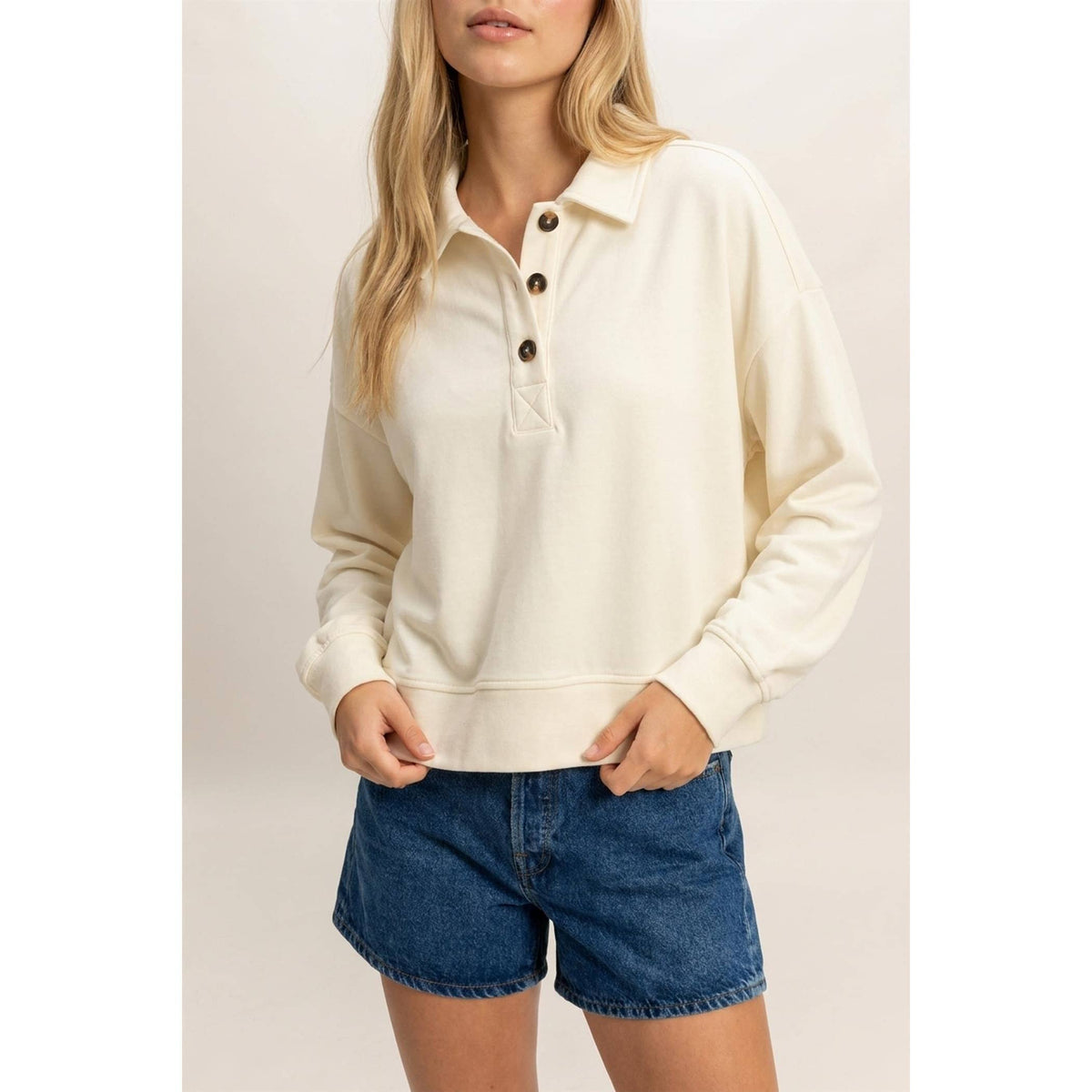 Washed Button-Front Collared Sweatshirt