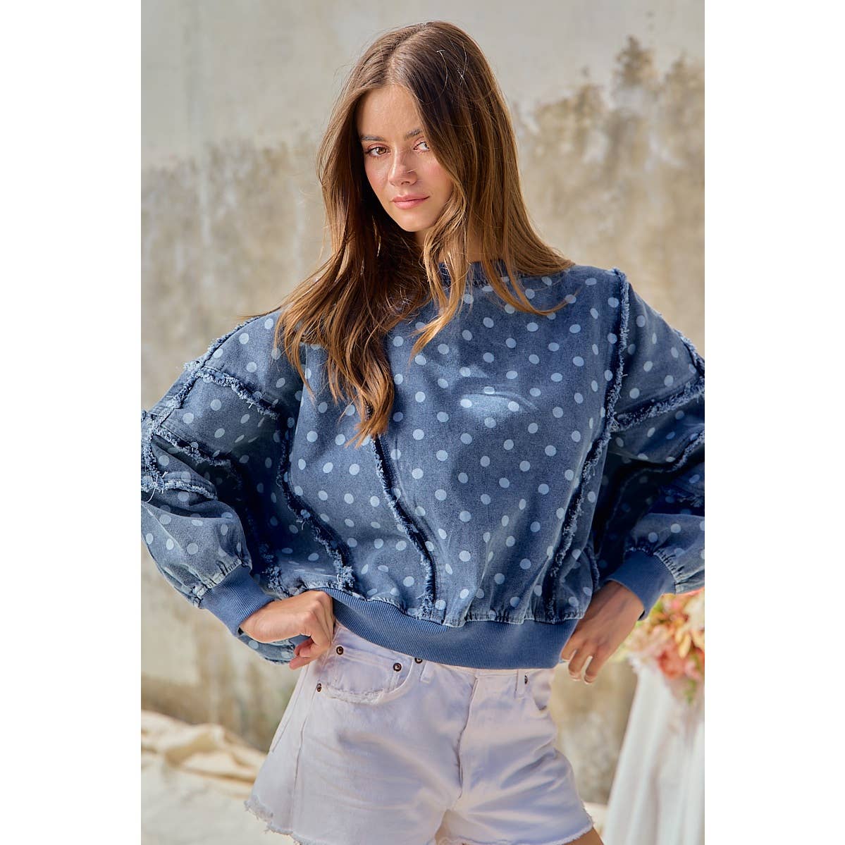 POLKA DOT PRINTED WASHED DENIM FRAYED EDGE DETAIL TOP