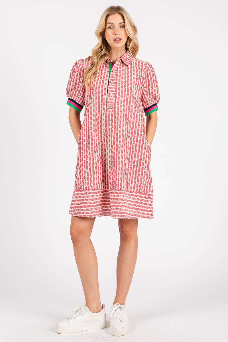 STRIPED FLORAL COLLARED PUFF SLEEVE DRESS