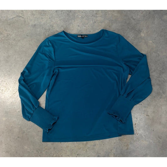 Preston and York Green Blue Large Top Blouse Long Sleeve Elastic Ruffled Wrist