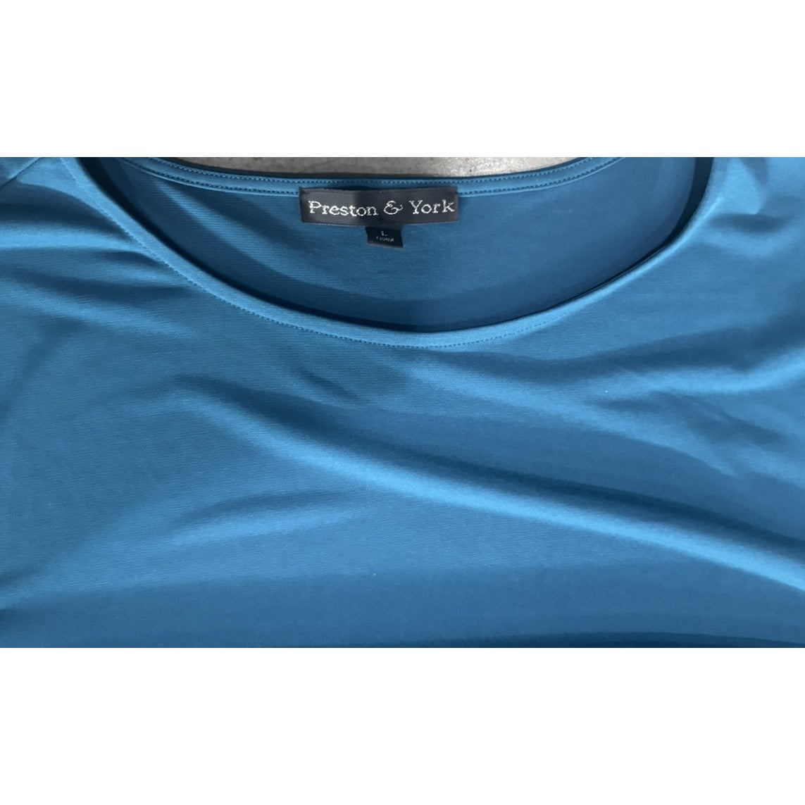 Preston and York Green Blue Large Top Blouse Long Sleeve Elastic Ruffled Wrist