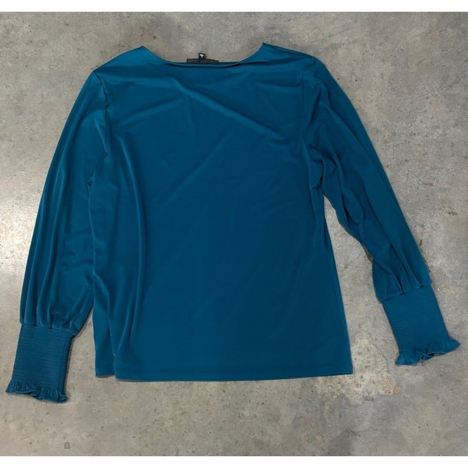 Preston and York Green Blue Large Top Blouse Long Sleeve Elastic Ruffled Wrist