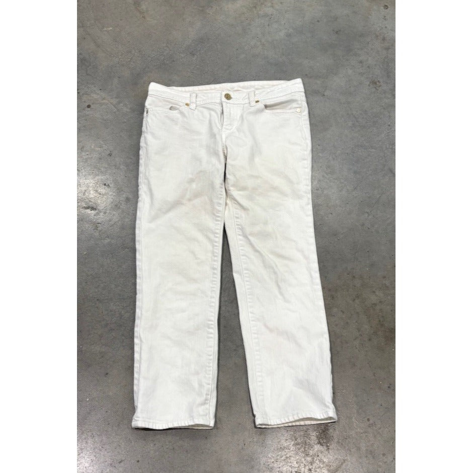 Tory Burch White Mid Rise Skinny Jeans Embroidered Logo On Back Pockets Size 27